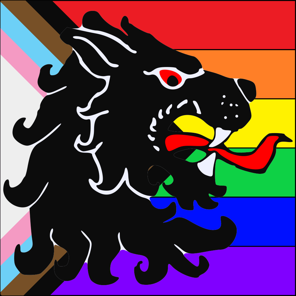 (Fieldless) A lion's head erased contourny sable. The Populace Badge of An Tir